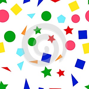 Vector illustration of a seamless pattern of colorful simple shapes - squares, triangles, circles and stars on a white
