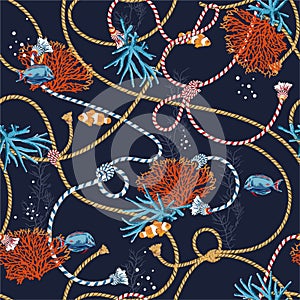 Vector illustration Seamless pattern with corals and animal trasure. Marine motif sailor mood background. Design in nautical style