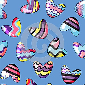 Vector illustration. Seamless pattern with cute hearts painted in rainbow colors on the blue background