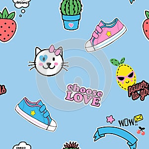 Vector illustration of seamless pattern with cute patches for girls, texture for fabric, fashion design, paper, cards, kawaii