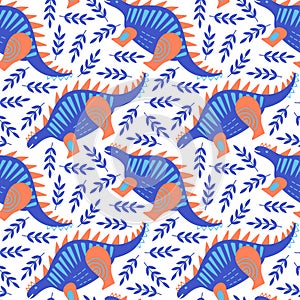 Vector illustration of seamless pattern with a dinosaur.