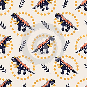 Vector illustration of seamless pattern with dinosaur.