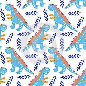 Vector illustration of seamless pattern with dinosaur.