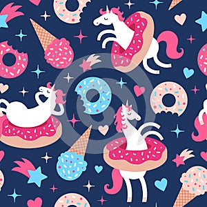 Vector illustration seamless pattern with fun unicorns in donuts on dark blue background. Cartoon style cute character