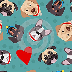 Vector illustration, seamless pattern of funny head of purebred dogs.