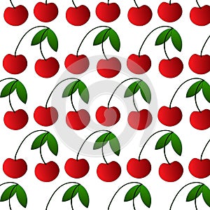 vector illustration, seamless pattern, red cherry with leaves on a white background