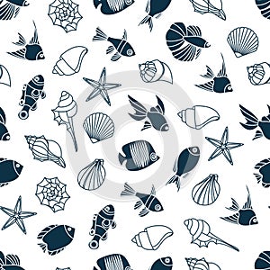 Vector illustration of seamless pattern of seashells and fish