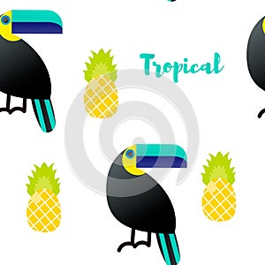 Vector illustration. Seamless pattern. Tropical ornaments. Toucan, pineapple