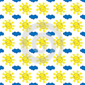 Vector illustration seamless positive pattern, bright, joyful, smiling sun with yellow rays and blue cloud on white background