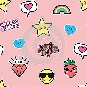 Vector illustration of seamless texture with cute kawaii patches drawn in anime style isolated on pink background. Star, comics