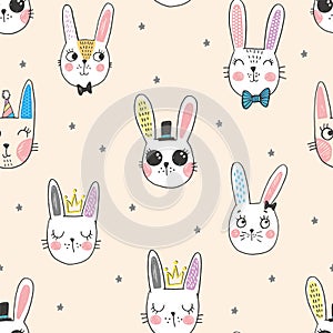Vector illustration of seamless texture with doodle cute sweet bunnies, sketch characters, hand drawn illustration with pen, faces