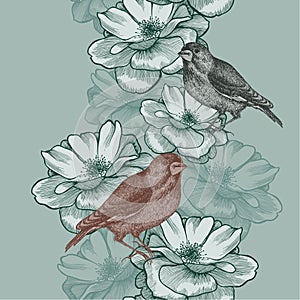 Vector illustration. Seamless wallpaper rosehip and flowers.