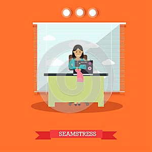 Vector illustration of seamstress sewing on machine in flat style