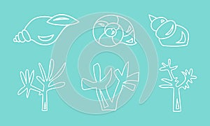 Vector illustration of seashells and seaweed on a blue background. Icons set.