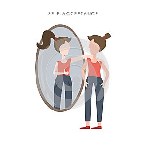 Vector illustration of self acceptance. Young woman watching at her reflection in the mirror photo