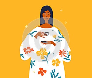 Vector illustration of self care routine, morning drink with beautiful woman in white floral dress holding in hands small cup of