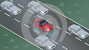 Vector illustration of a self-driving car with smart sensors on a highway. Autonomous Vehicle with advanced sensors