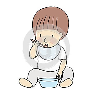 Vector illustration of self-feeding toddler. Little kid learning to eat food in bowl with spoon by self. Childhood developme