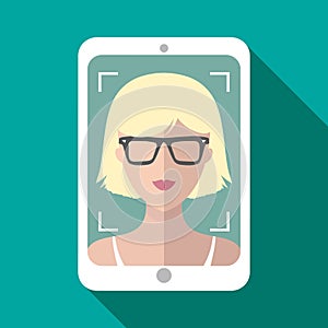 Vector illustration of selfie on mobile phone in trendy flat style. Vector icon of girl taking picture on smartphone.