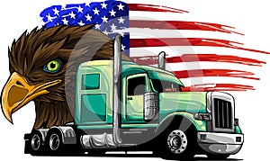 vector illustration of semi truck with american flag and eagle head