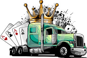 vector illustration of semi truck with crown and poker aces