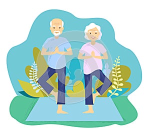 A vector illustration of senior couple doing yoga exercise. Senior couple doing yoga exercise. Grandpa and Grandmother