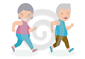 Vector Illustration of senior couple running in a park. old man and old lady run. senior runner, gym or outdoor healthy lifestyle.