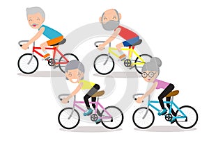 Vector illustration of seniors riding on bicycle, Happy retired people. Healthy lifestyle