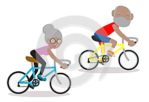 Vector illustration of seniors riding on bicycle, Happy retired people. Healthy lifestyle
