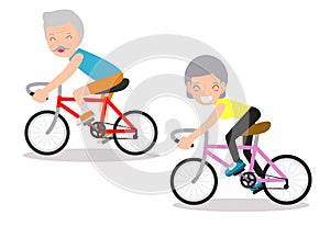 Vector illustration of seniors riding on bicycle, Happy retired people. Healthy lifestyle