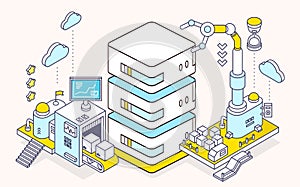 Vector illustration of server and three dimensional mechanism wi