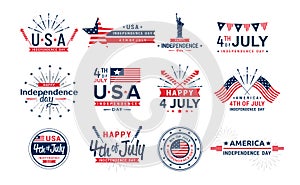 Vector illustration set of 4th of July icons, United Stated independence day greeting. Elements for greeting cards