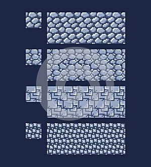 Vector illustration - set of 8 bit 16x16 stone wall brick texture. Pixel art style game background seamless pattern grey