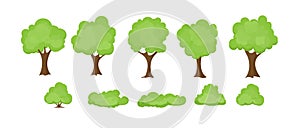 Vector illustration set of abstract stylized trees on white background. Trees and bushes collection in flat cartoon