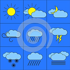 vector illustration, a set of abstract weather icons on a blue background, sun, clouds, snow, rain, lightning and others