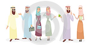 Vector illustration set of arabic business people characters in different poses. Arab businessman and businesswoman