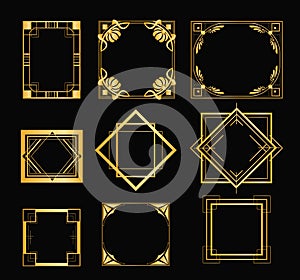 Vector illustration set of art deco frames in golden color. Vintage elements in style of 1920s for your design on black