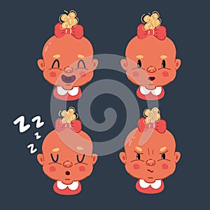 Vector illustration of Set of baby girl emotion expression: laughing, crying, curious baby. Sad, happy, angry