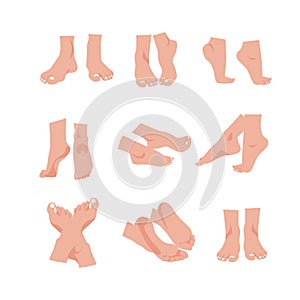 Vector illustration set of beautiful bare woman feet isolated on white background in different positions. Female foot