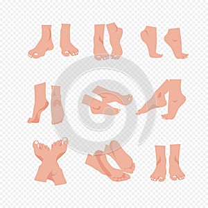 Vector illustration set of beautiful bare woman feet and legs isolated on transparent background in flat cartoon style.