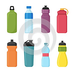 Vector illustration set of bicycle plastic bottle for water in different shaps and colors. Container water bottles for