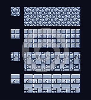 Vector illustration - set of 8 bit 16x16 stone and metal texture. Pixel art style game background seamless pattern