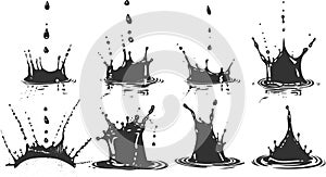 Vector illustration set of black water splash designs on white background.