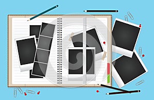 Vector illustration set of blank retro photo frames for your photos. A blank open notebook for your text