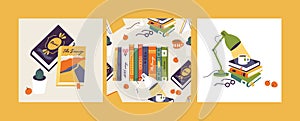 Vector illustration set of books and educational elements. Various books, stack of books, notebooks with decorative