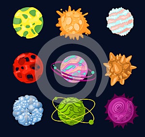 Vector illustration set of bright color cartoon fantastic planets and cosmic objects on space background in flat style.
