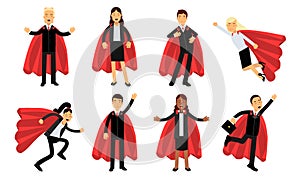 Vector Illustration Set Of Business Men And Women In Superheroe Costumes Power Concept