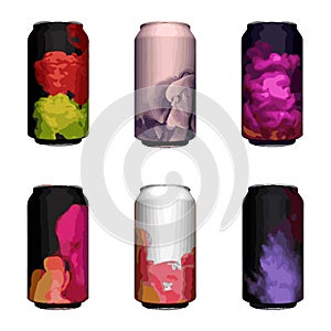 vector illustration, set of cans of juice and beer with colorful watercolor labels, design for beverage industry