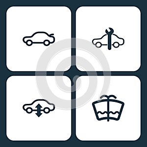 Vector Illustration Set Car Dashboard Icons. Elements car open lid, car repairs, Dashboar, and car windshield wash icon