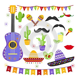 Vector illustration set of carnaval fiesta elements in bright colors and mexican style. Cinco de Mayo collection photo